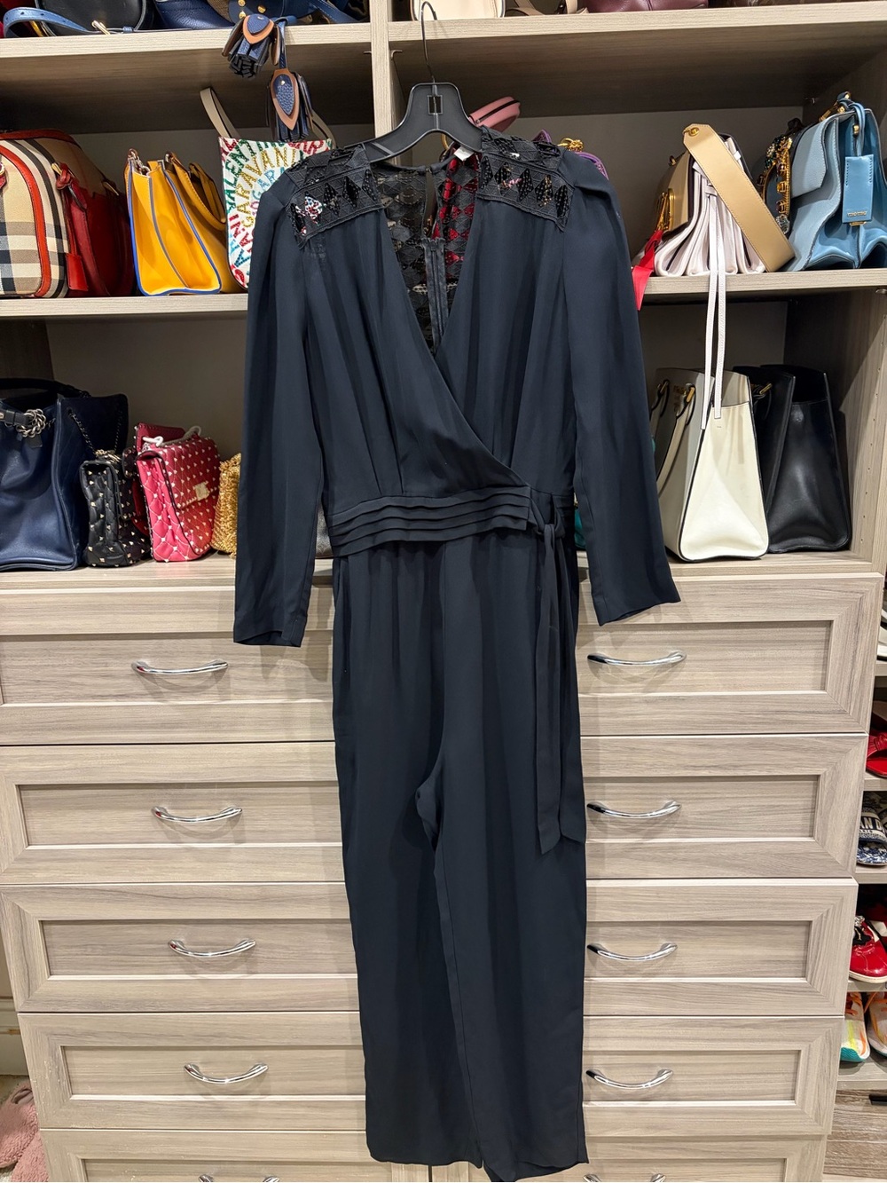 Sandro Black Lace-Trim Wrap Jumpsuit with Embellished Shoulders